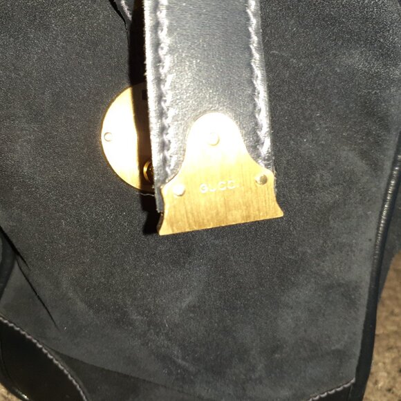 Vintage GUCCI-Boston Bag Shelly Line Black/DK Navy Suede/Leather-Satchel-EX - Picture 3 of 12